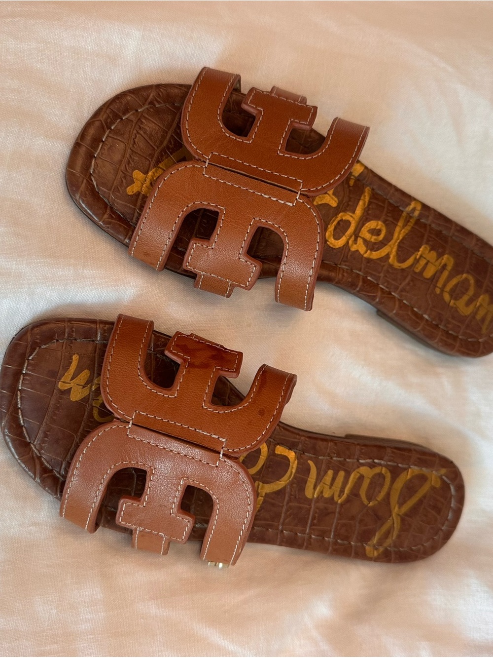 Sam Edelman Brown Leather Logo Slide Sandals